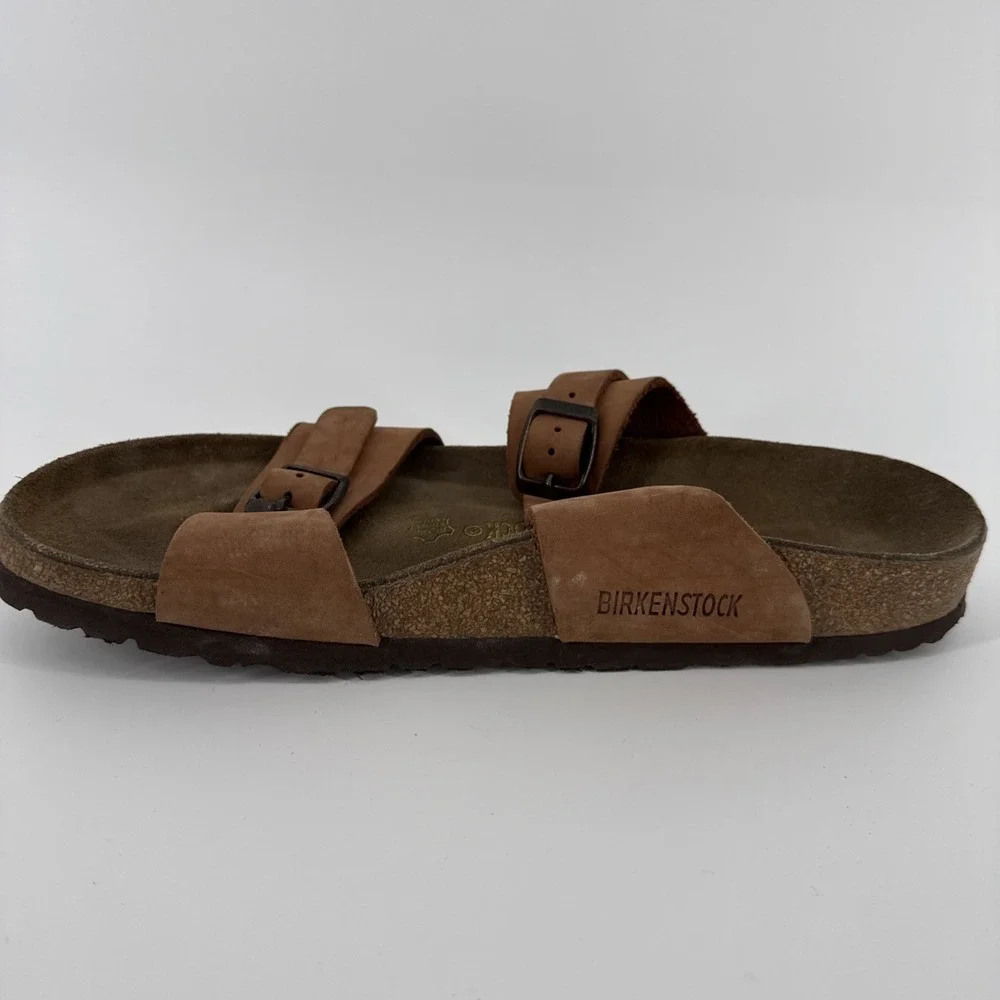 Birkenstock Arizona Sandals Men 42 US 9 Brown Leather 2 Strap Buckle Slides